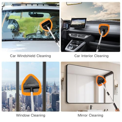 Qydipclin 10pcs Windshield Cleaning Tool Inside Car Window Cleaner Wash Kit with 4 Reusable Microfiber Pads 1 Spray Bottle and Extendable Handle Interior Auto Glass Wiper Kit, Orange - color: Orange