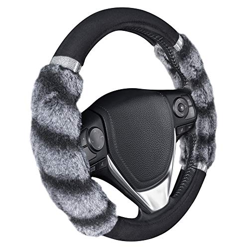 BDK Bear Fur Plush Steering Wheel Cover - Cute Faux Wool Protector for Women Girls Fits Wheels 14.5-15 inch Two Tone Black/Gray - with Glitter - color: #37 Gray with Glitter, size: Fits 14.5 - 15" Sw