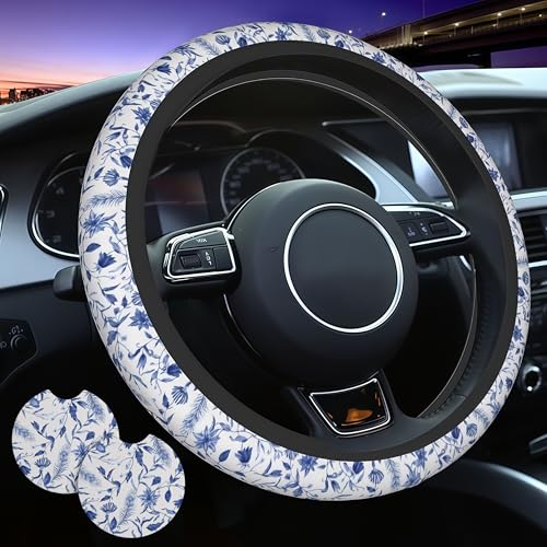 Blue Flowers Steering Wheel Cover Floral Cute Steering Wheel Cover Breathable Universal for 15 Inch Anti-Slip Car with 2 Pieces Car Coasters Suitable for Men Women Florals - color: Blue flowers