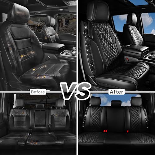 CAR Pass Bling Car Seat Covers, Microfiber Nappa Leather Luxury Cushioned, Waterproof Heavy-Duty Anti-Slip Universal Fit for Auto SUV Sedan, Sparkly Glitter Shining Rhinestone Full Set, Black Diamond - color: Black Diamond, size: Full Set