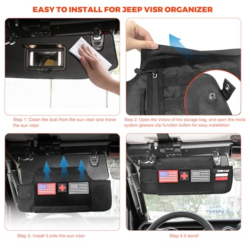 Sun Visor Organizer Compatible with Wrangler JL & JT 2018-2025, Driver's Side Front Tactical Visor Storage Molle Webbing Visor Storage, car Sunglasses Clip, Multi-Pocket