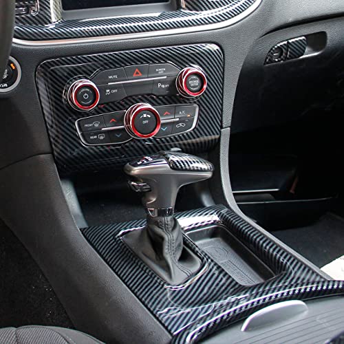 crosselec Carbon Fiber Central Control AC Gear Shift Cup Holder Headlight Switch Button Panel Cover Trim 5pcs for Dodge Charger 2015-2022 - color: black 5pcs