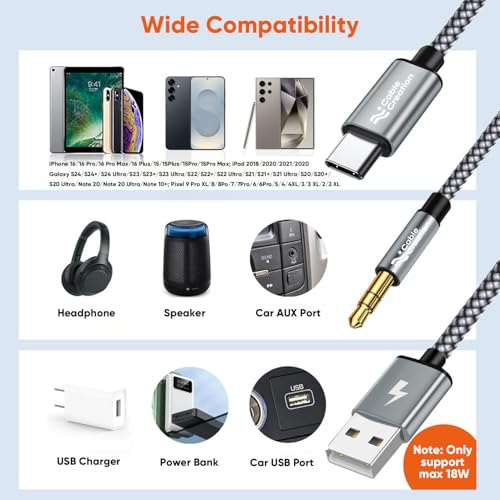 CableCreation USB C to 3.5mm Audio Cable with USB Charging Cable, Car Aux Cable, Type C to Aux Jack Headphone Car Stereo with 18W Charge for iPhone 16 15 Pro Max Plus, Galaxy S24/S23+, Pixel 9/8/7+ - style: USB C+3.5mm Audio+USB C Charging