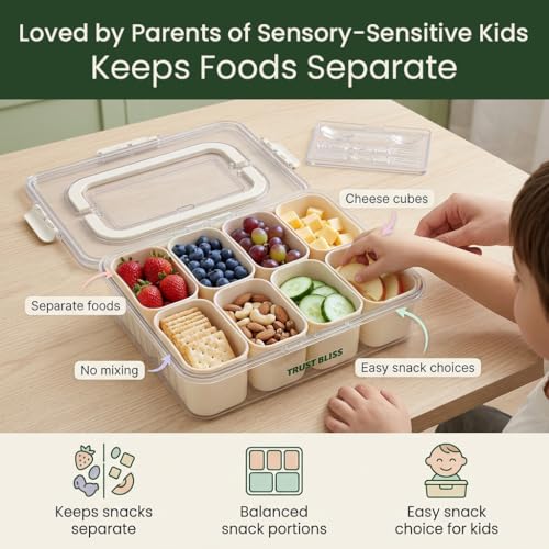 Snackle Box Container 2 Pack | Snack Box Container with Lid, BPA-Free 8-Compartment Divided Serving Tray & Snack Tray with Built-In Utensil Tray | Snack Tackle Box Organizer for Adults & Kids