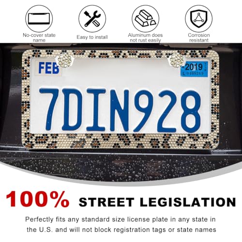 DXNQ 2PCS Bling License Plate Frame, Sparkly Rhinestone Diamond License Plate Cover with Crystal Screws Caps, Glitter Crystal Stainless Steel License Plate Holder for Women (Leopard) - color: Leopard, 2PCS