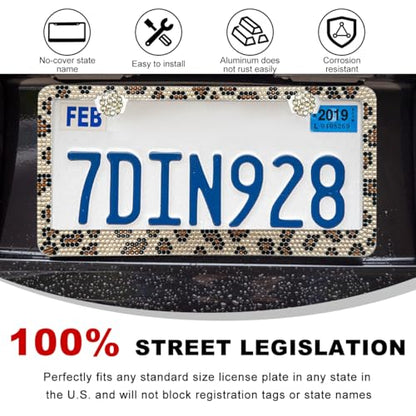 DXNQ Bling License Plate Frame, Sparkly Rhinestone Diamond License Plate Cover with Crystal Screws Caps, Glitter Crystal Stainless Steel License Plate Holder for Women, Car Accessories (Leopard) - color: Leopard