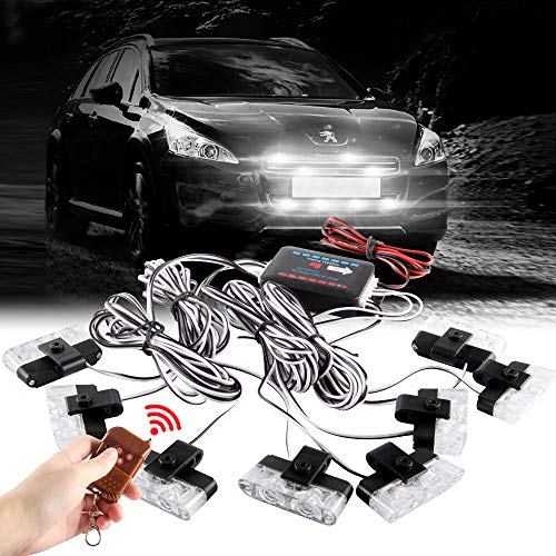 White 16LED Grille Strobe Lights Dash Deck Visor Police Flash Lights Car Truck Ambulance Emergency Warning Strobe Lights With Remote Control Wireless 12V - color: white, size: 8 in 1