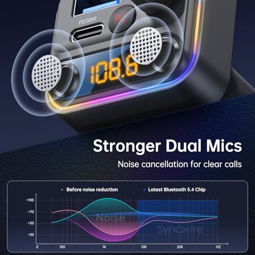 Syncwire Bluetooth 5.4 FM Transmitter Car Adapter 42W [Light Switch] [Stronger Dual-mic] [HiFi Bass Sound] [Fast Charging] Wireless FM Radio Stereo Music Adapter Hands-Free Calling Support USB Drive - color: Black
