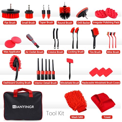 32Pcs Red Car Detailing Kit – Brush Set & Cleaning Kit with Drill Brush, Polishing/Waxing Pads, Interior/Exterior Tools for Wheels & Windshield – Portable Handbag