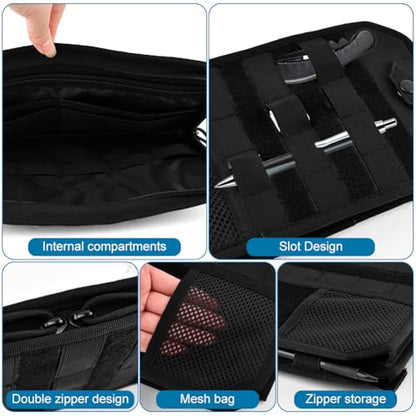 Car Sun Visor Organizer with Zipper Storage Pouch & Glasses Clip – Semi-Rigid MOLLE Panel with Patch – Universal Fit for Vehicles, SUVs, Trucks(Black)