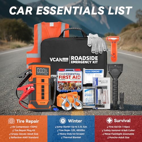 Jump Starter with Air Compressor, VCANENERGY Roadside Emergency Car Kit with 12V Portable Battery Jump Starter & Tire Inflator for Cars, Trucks, SUVs-Car Emergency Kit for Women, Men, Teen