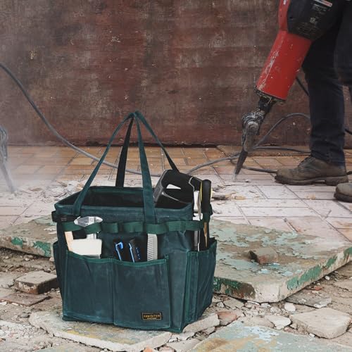 Collapsible Waxed Canvas Tool Pouch with 23 Hanging Holes - Reusable Grocery Bags with Handles for Garden/Camping/Tools/Car Trunk Storage, 14" x 13" x 10" | Dark Green - color: DarkGreen