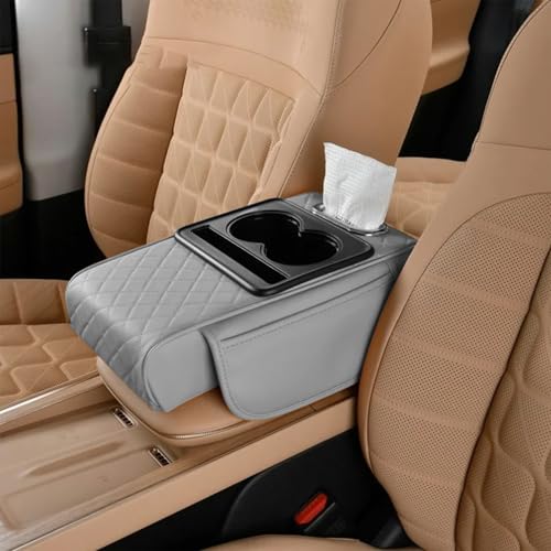 Car Armrest Storage Box,Car Accessories Console Organizers and Storage,Universal Waterproof Leather Console Cover with Cup Holder and Phone Holder,Suitable for Most Cars (Embroidered, Gray) - color: Gray, style: Embroidered