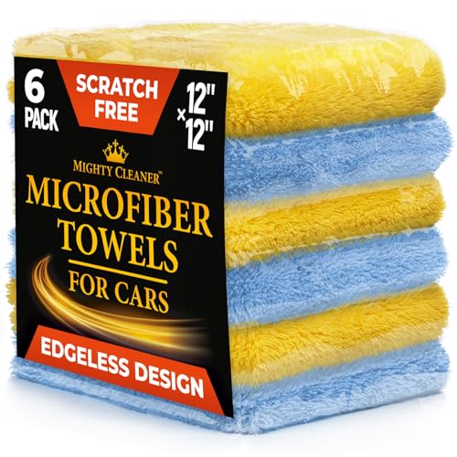 Super Soft Microfiber Towels for Cars - Edgeless - 6pk (12”x12”) - Premium Scratch-Free Towel - Great for Drying, Detailing, Polishing, Buffing - Ultra Absorbent Microfiber Cleaning Cloths for Car - color: Blue and Yellow
