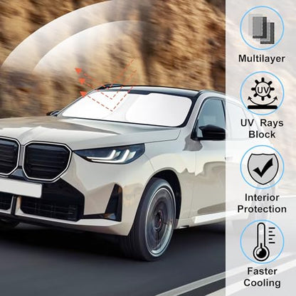 Windshield Sun Shade Custom Fit for 2025 2026 BMW X3 Accessories Foldable Sunshade Sun Blocker Protect Car from Sun Rays & Heat Damage Keep Car Cooler - size: Fit BMW X3 2025-2026
