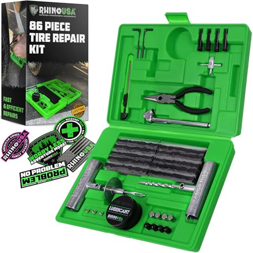 Rhino USA Tire Repair Kit (86-Piece) Professional Heavy Duty Tire Plug Kit to Fix Punctures & Patch Flats with Ease - Ultimate Tubeless Tire Repair Tools for Car, Motorcycle, ATV, UTV, RV and Trailer - size: 86 Piece Set
