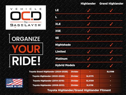 Vehicle OCD - Center Console Organizer for Toyota Grand Highlander (2024-2026) - Made in USA - SLX198 - size: Grand Highlander 2024-2026
