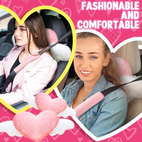 Fanfanwin 4 Pcs Car Accessories Set Include 2 Pcs Pink Heart Shaped Car Headrest Pillow with Angel Wings2 Pcs Pink Faux Fur Universal Seatbelt Cover Kawaii Soft Neck Rest Cushion for Truck SUV Decor