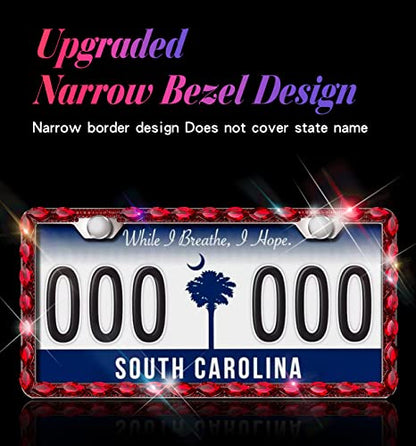 Red Bling License Plate Frame, Sparkly Stainless Steel License Plate Holder for Women, Set with 44 Gemstones, 400 14 Faceted Glass Diamond Rhinestones License Plate Covers(1pack) - color: red
