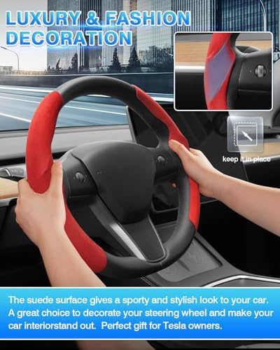 Shademax Custom-Fit for Tesla Steering Wheel Cover, Tesla Model Y/3 2017-2025 2026 (Fit Model Y Juniper 2026/ Model 3 Highland) Suede Steering Wheel Cover Non-Slip,Tesla Model Y/3 Accessories (Red) - color: Red
