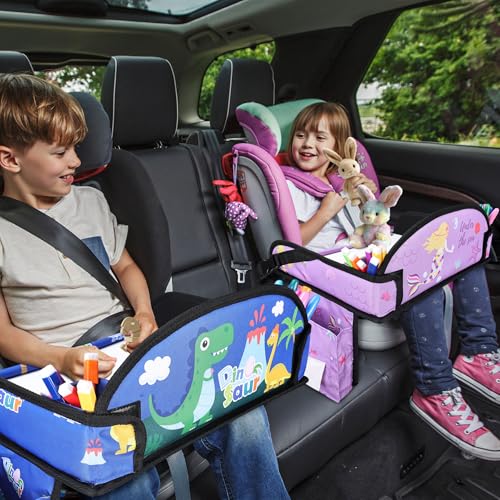 2PCS Kids Travel Tray for Airplane - Toddler Car Seat Table Tray, Road Trip Essentials for Boys & Girls, Carseat Lap Desk for Kids Road Trip Activities (Blue Dinosaur/Purple Mermaid) - color: Blue Dinosaur/Purple Mermaid--2PCS