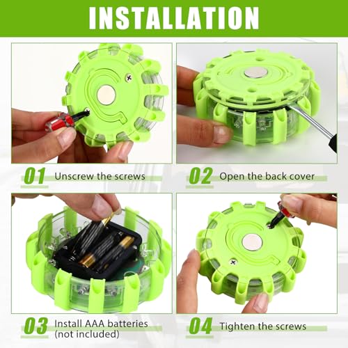 Tallew 12 Pack LED Road Flares Emergency Lights Roadside 9 Flash Modes Warning Car Safety Beacon Magnet Hook Flashing Disc Flare Kit for Vehicles Car Truck Boats Holiday Gift(Green)