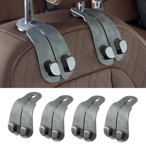 CoBak Purse Hook for Car - Universal Premium Stitched Leather and Aluminum-Magnesium Alloy Double Car Seat Back Storage Hook for Purses, Handbags, Bags (4 Pack),Gray - color: 4pack-Gray, size: Double-Hooks