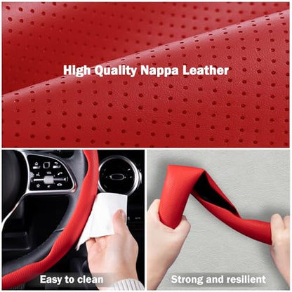 Nappa Leather Car Steering Wheel Cover for Men Women, Ultra-Thin Non-Slip Breathable Microfibre, Universal for 14.5"-15" Steering Wheel - Red - color: Red
