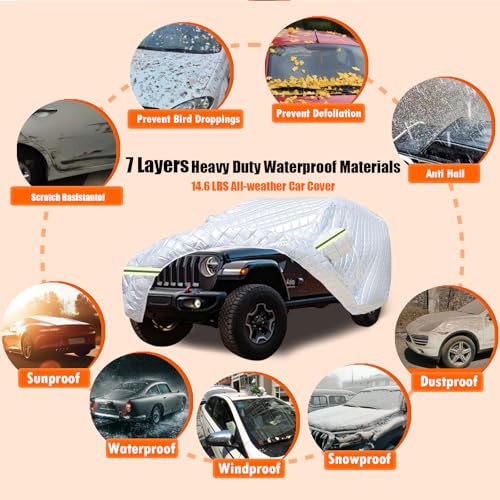 7 Layers Waterproof Heavy Duty Car Covers for Automobiles All Weather Season Anti-Hail UV Protection Snowproof Outdoor 14.6LBS Full Cover Universal Fit SUV 191" to 200" - size: SUV-Length (191" - 200")