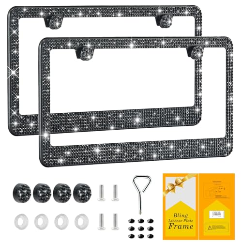 FIISFIIS Bling License Plate Frame for Women,2 Pack Premium Stainless Steel Rhinestone License Plate Holder,Handmade Glitter Crystal Diamond Girl Lincense Plate Tag Cover,Bedazzled Sparkly-Black - color: Black