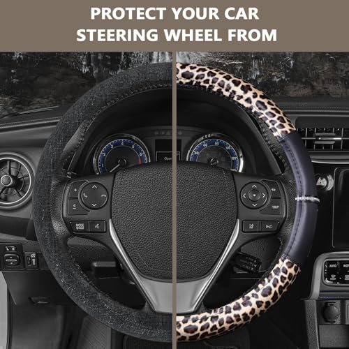 AUTOYOUTH Leopard Steering Wheel Cover - Bling Crystal Rhinestones Cheetah Print on Leather Non-Slip Breathable Design for Women/Girls Universal Fit 14.5-15 Inch(Black & Yellow) - color: BLACK AND WHITE