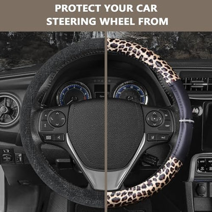 AUTOYOUTH Leopard Steering Wheel Cover - Bling Crystal Rhinestones Cheetah Print on Leather Non-Slip Breathable Design for Women/Girls Universal Fit 14.5-15 Inch(Black & Yellow) - color: BLACK AND WHITE
