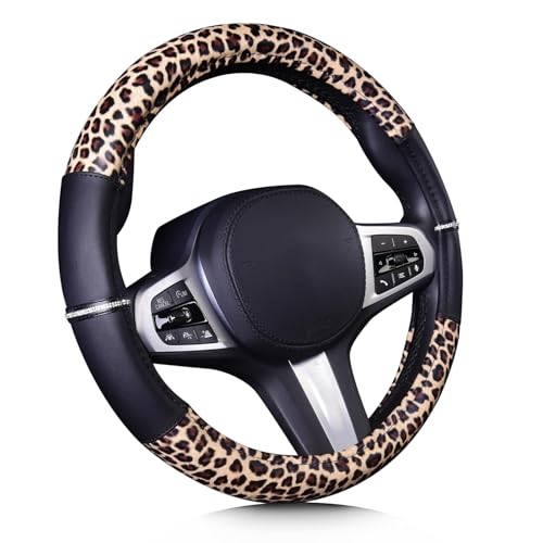 AUTOYOUTH Leopard Steering Wheel Cover - Bling Crystal Rhinestones Cheetah Print on Leather Non-Slip Breathable Design for Women/Girls Universal Fit 14.5-15 Inch(Black & Yellow) - color: BLACK AND WHITE