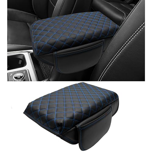Center Console Cover for Ford Explorer 2026 2025 2020-2024 Accessories 1.2in Thickness Armrest Cover Leather Arm Rest Box Lid Protector Cushion Pad Middle Console Cover with Side Pockets (Blue Stitch) - color: Blue Stitches