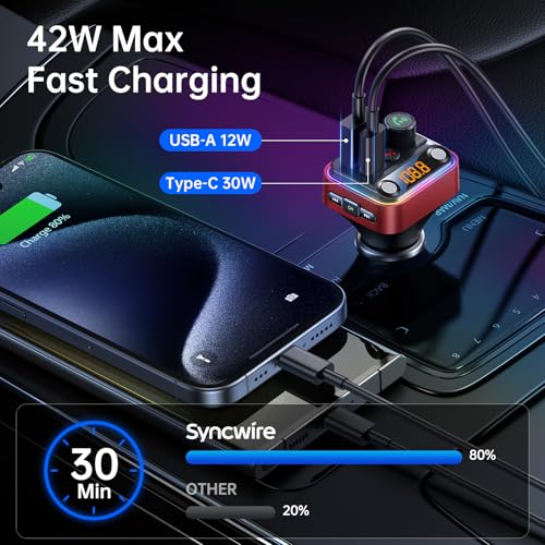 Syncwire Bluetooth 5.4 FM Transmitter Car Adapter 42W [Light Switch] [Stronger Dual Mics] [HiFi Deep Bass] [Fast Charging] Wireless FM Radio Music Adapter Hands-Free Calling Support USB Drive, Red - color: Red