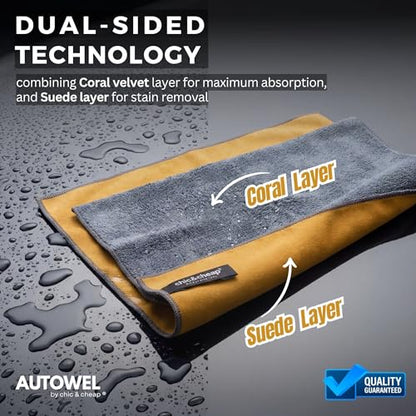 2-Step Car Drying System – Streak-Free Premium Microfiber Towels (2-Pack), 500 GSM Ultra Absorbent Coral Velvet & Suede Design – Scratch-Free Large Auto Detailing Cloth, Fast Drying, 12”x24”