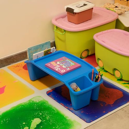 Basicwise Activity Desk Table with Built-in Cup Holder & Storage Compartments Multipurpose Lap Tray for Home Learning Art Activities Snack Time Reading & Floor-Based Task Raised-Leg Design, Blue