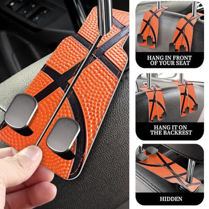 PU Leather Car Seat Hook, Storage Headrest Hanger, Cute Car Backseat Organizer, Car Hooks for Purses and Bags Basketball Texture - color: Basketball Texture