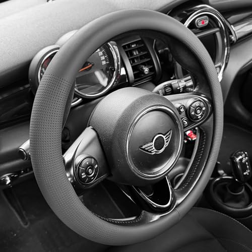 PINCTROT Large Size Nappa Leather Steering Wheel Cover, Slim Fit No Bulk Design, One Piece Leather with Breathable Perforation, Fit Like Gloves, 15.5-15.75 Inch(Nappa Dark Gray) - color: 05.Dark Gray, size: Large Size[15 1/2''-15 3/4'']