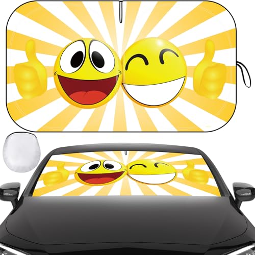 Windshield Sun Shade, Car Sun Shade Windshield, Reflector Sunshade Offers Ultimate Protection for Car Interior, Reflective Polyester Blocks Heat for Sedans, Mini SUVs, Hatchbacks - 57 x 31.5 inches - color: Smile Faces, 57''x31.5''
