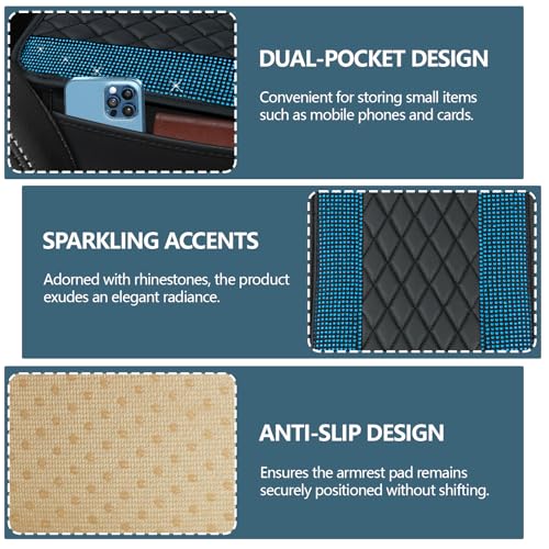 Bling Leather Car Center Console Cover, 12.2"×7.48" Crystal Rhinestone Automotive Arm Rest Cover with Side Pockets, Universal Vehicle Armrest Protector, Interior Car Accessories (Sky Blue) - color: Sky Blue