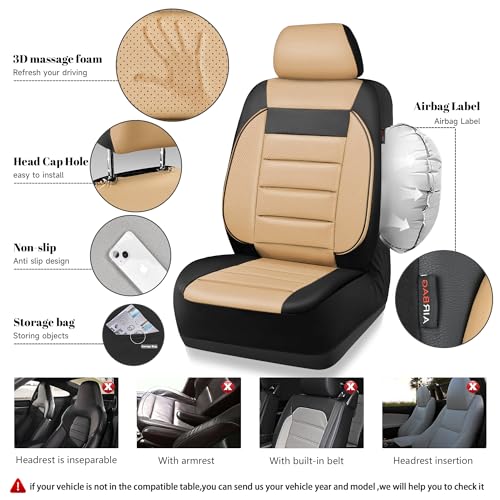 CAR PASS Faux Leather Car Seat Covers Front Seats Only, 3D Foam Support Car Seat Covers, Universal fit for Trucks Vans SUVs Sedans Automotive Comfortable, Airbag Compatible 2 Pieces Front Black Beige - color: Black and Beige Front