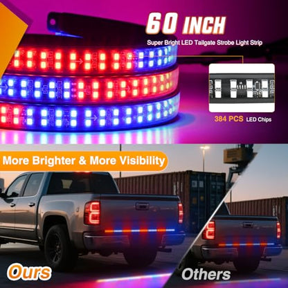 Nilight 60 Inch Emergency Strobe Light Strips with Controller, 384LED Flashing Warning Hazard Safety Rear Window Tailgate Lights for Truck Trailer Construction Plow Pickup Tow SUV Vehicles, Red Blue - color: 60" Tailgte Strobe w/ Controller Red Blue