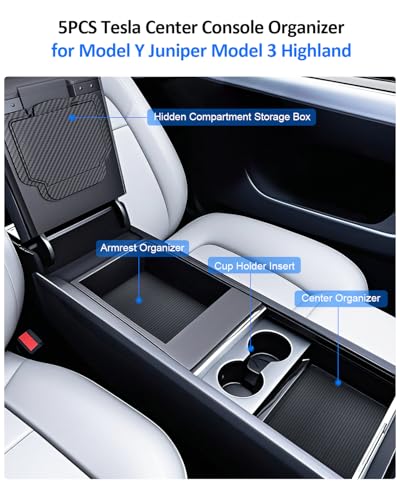 5PCS Center Console Organizer Tray for Tesla Model Y Juniper Model 3 Highland Accessories 2025 2026, Smooth Sliding Center Tray Armrest Organizer Cup Holder Insert Hidden Compartment Storage - size: Juniper & Highland (Style 2)