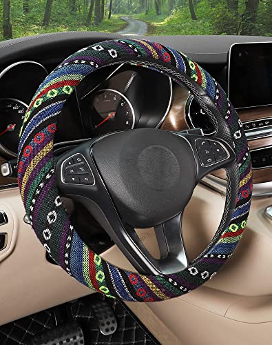 SEG Direct Boho Steering Wheel Cover with Baja Blanket Cloth, Ethnic Style Auto Wheel Cover Made of Coarse Flax, Fits 14 1/2-15 1/4 inches Car Wheel - color: Psychedelic Trip