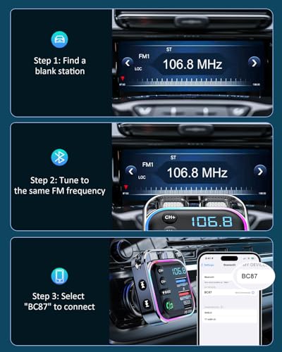 LENCENT Bluetooth 5.3 FM Transmitter Car Adapter 48W (PD30W & QC18W) Fast Charger, Light Switch, HiFi Bass Sound Audio Receiver Wireless Radio MP3 Music Player, Hands-Free Calling, Support USB Drive
