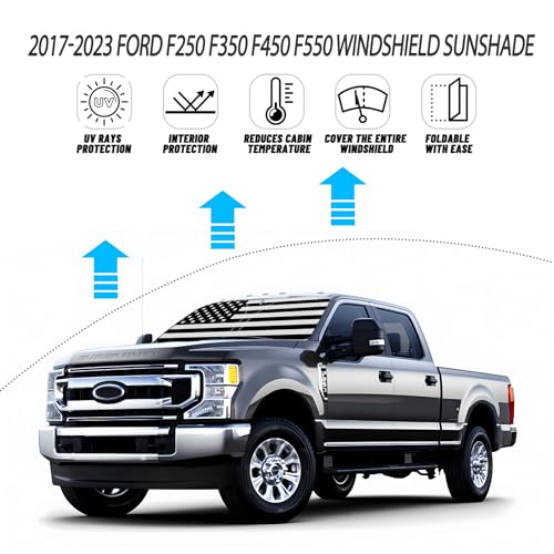 D-Lumina Windshield Sun Shade for 2017-2022 Fo-rd F250 F350 F450 F550 Super Duty 2/4 Door, Front Window Sunshade American Flag Sun Visor Protector Block UV Rays Heat, Foldable 2 Layers 210T Material - size: Silver & Black-Fit 2017-2022 Ford F250 F350