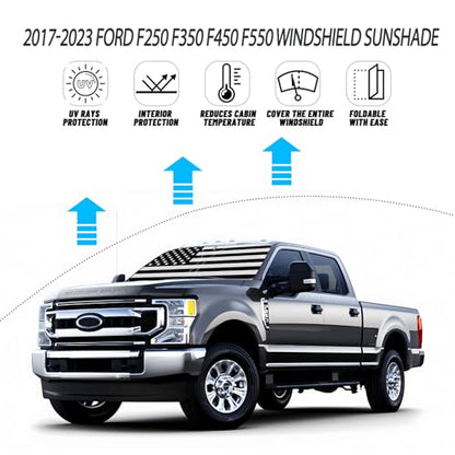 D-Lumina Windshield Sun Shade for 2017-2022 Fo-rd F250 F350 F450 F550 Super Duty 2/4 Door, Front Window Sunshade American Flag Sun Visor Protector Block UV Rays Heat, Foldable 2 Layers 210T Material - size: Silver & Black-Fit 2017-2022 Ford F250 F350