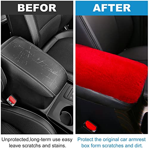 Fluffy Furry Armrest Cover for Car, Auto Center Console Pad, Soft Wool Fur Protector, Universal Fit for Most Vehicle, SUV (Red) - color: Red
