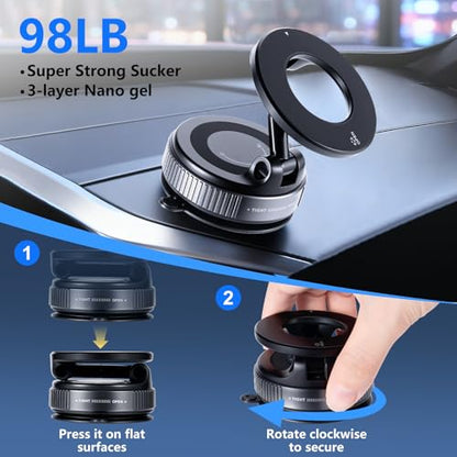 Vacuum Magnetic Suction Car Phone Holder Fold-able and and Hands-Free 360° Adjustable Rotation Phone Mount, Compatible with All Smartphones